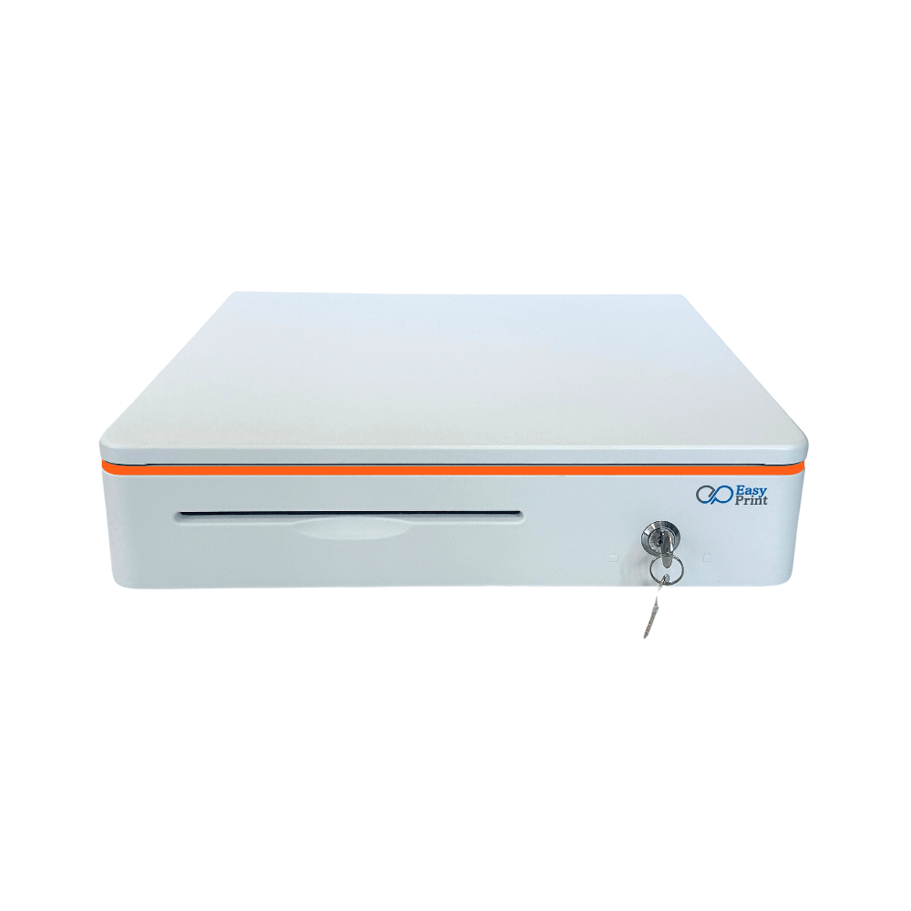 ลิ้นชักเก็บเงิน EASYPRINT รุ่น CD-405 สีขาว-ตัดขอบส้ม 4 ช่องธนบัตรขนาดใหญ่ 8 ช่องเหรียญ RJ11 12/24V_1